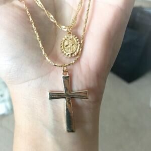Miraculous Medal Religious Cross Gold Alloy Necklace Set - 2 Piece
